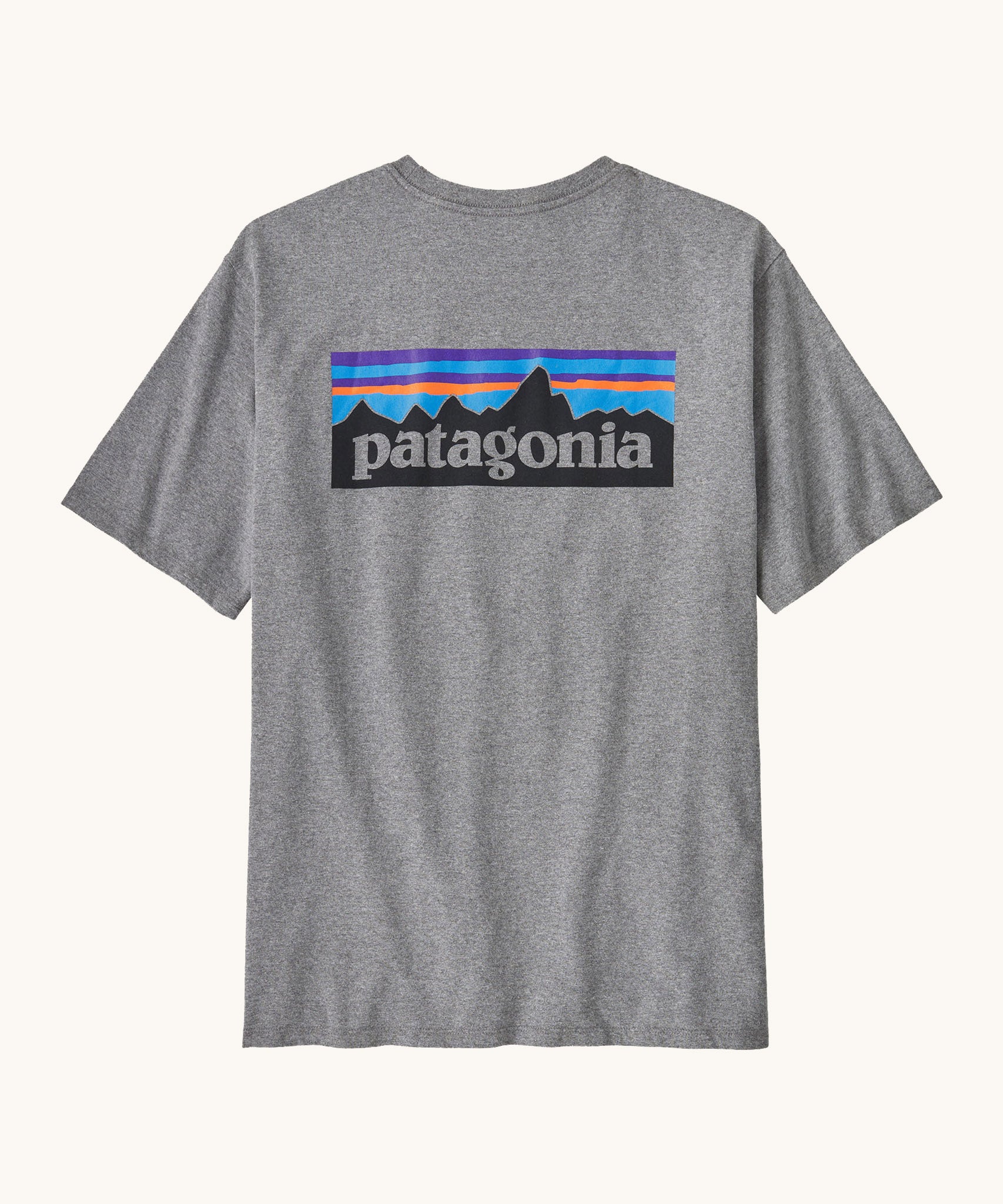 Patagonia men's responsibili t-shirt in grey with large logo patch on the upper back