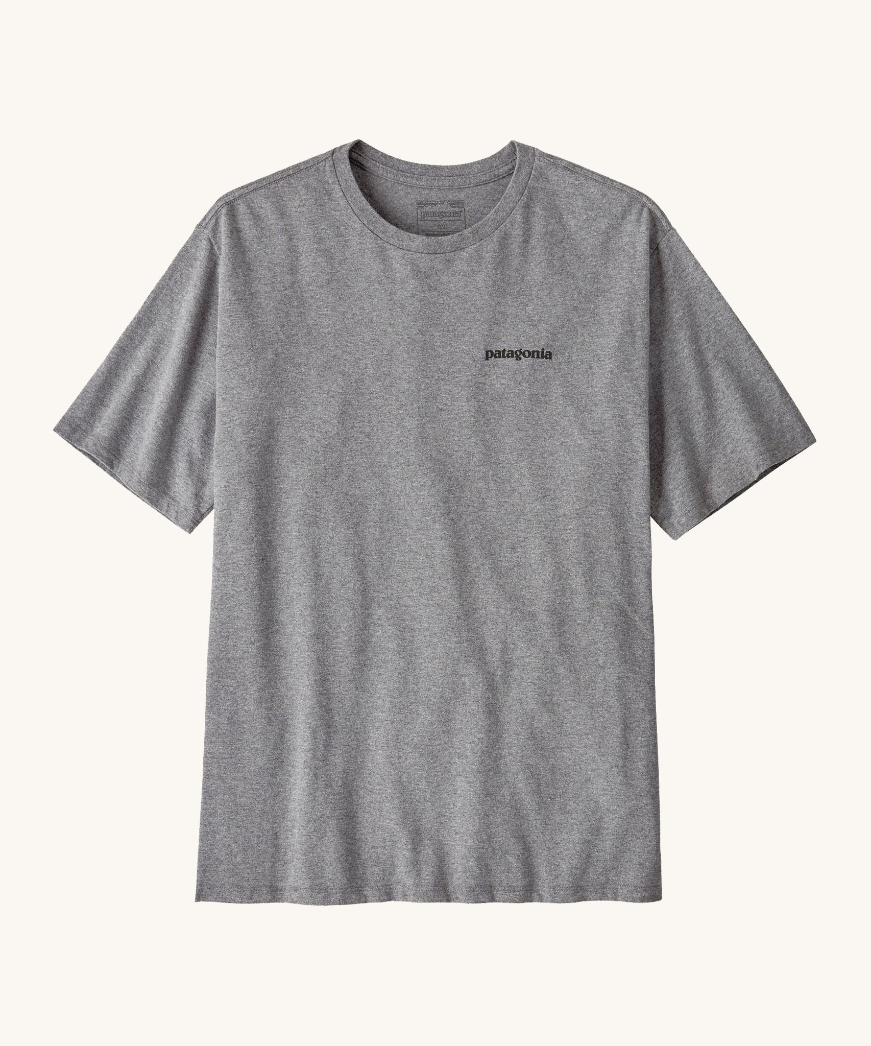 Patagonia men's responsibili t-shirt in grey with small brand text on the upper chest.