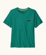 Patagonia men's 100% organic cotton 73 skyline t-shirt in dark green with a small mountain range logo on the chest