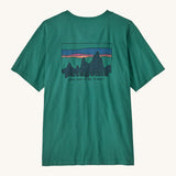 Patagonia men's 100% organic cotton 73 skyline t-shirt in dark green with a mountain range logo on the upper back
