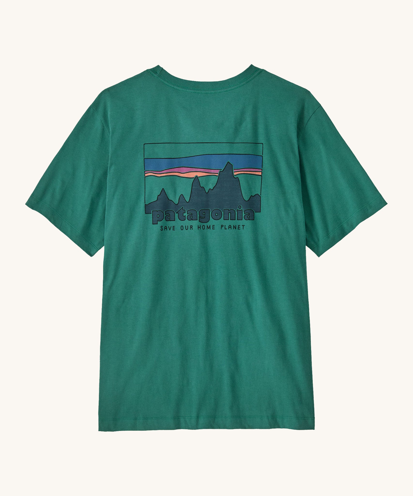 Patagonia men's 100% organic cotton 73 skyline t-shirt in dark green with a mountain range logo on the upper back