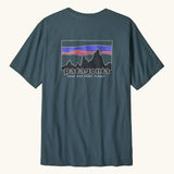 Patagonia men's 100% organic cotton 73 skyline t-shirt in dark blue with a mountain range logo on the upper back