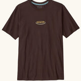 Patagonia men's 95 oval logo short sleeve t-shirt in den brown. Shows small oval brand patch on upper chest