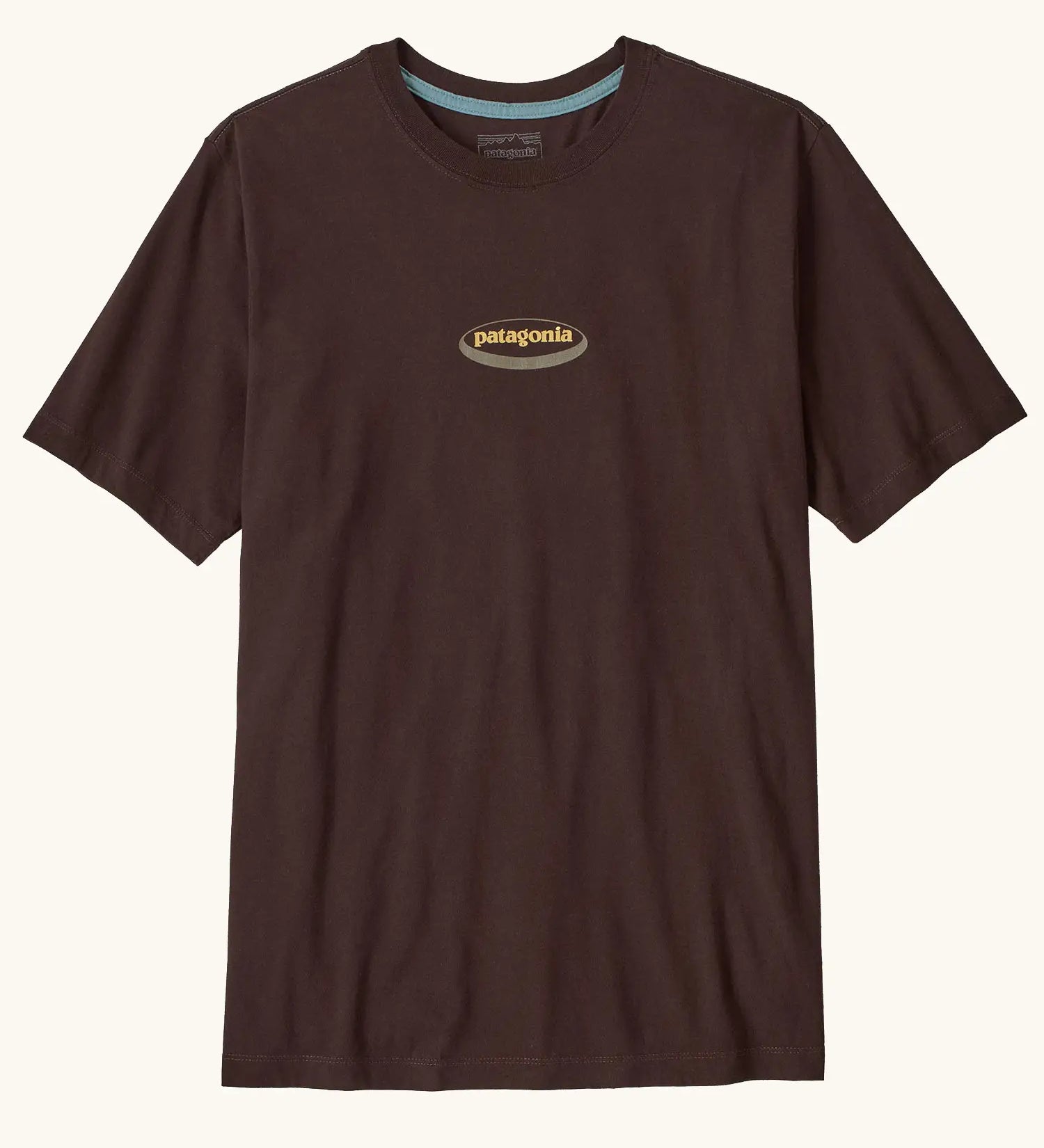 Patagonia men's 95 oval logo short sleeve t-shirt in den brown. Shows small oval brand patch on upper chest