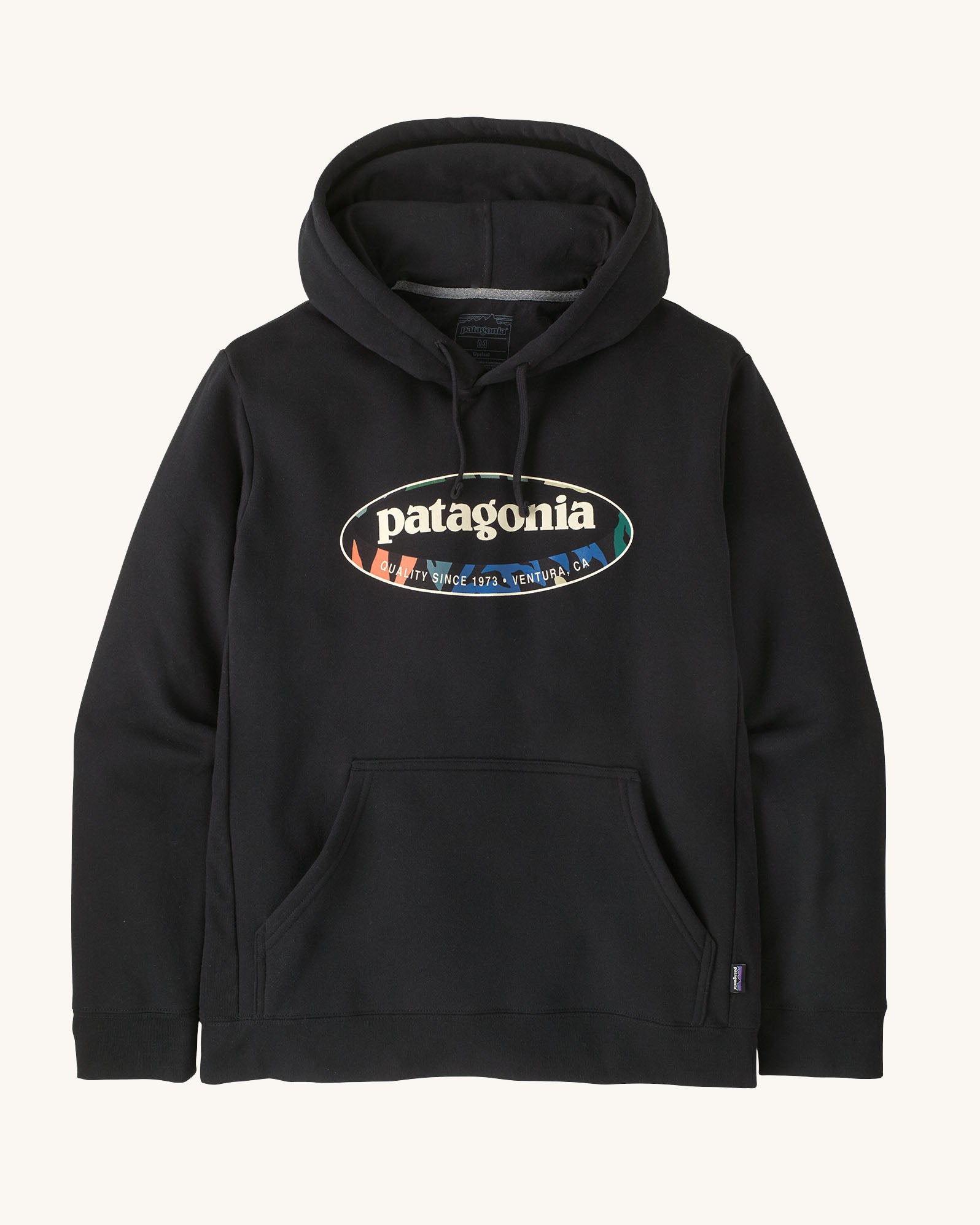 Patagonia men's 95 uprisal hoody in black with light yellow oval brand logo on the front and a pouch pocket