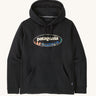 Patagonia men's 95 uprisal hoody in black with light yellow oval brand logo on the front and a pouch pocket