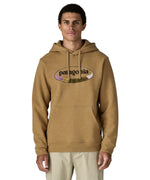 Man wearing Patagonia men's 95 uprisal hoody in brown with a oval brand logo on the front and  pouch pocket