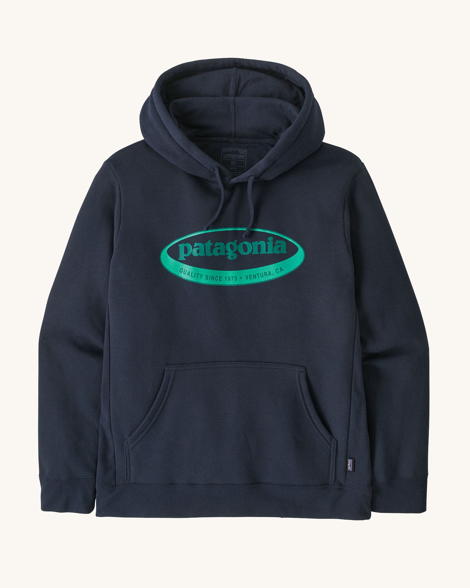 Patagonia men's 95 uprisal hoody in navy with light green oval brand logo on the front and a pouch pocket