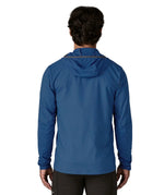 Back of man wearing Patagonia men's airshed pro pullover in blue. Top has a slim fit