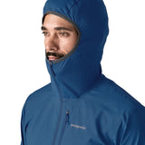 Patagonia men's airshed pro pullover in blue showing close up of the stretch fit hood