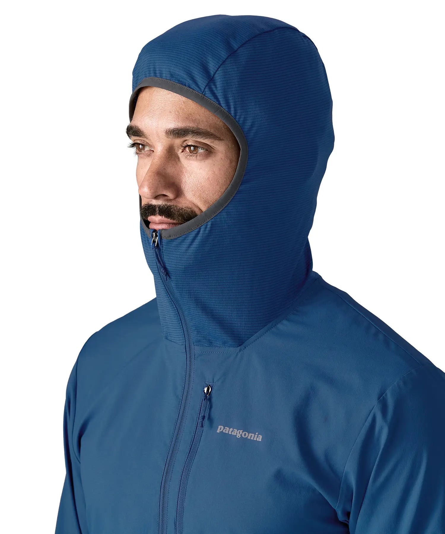 Patagonia men's airshed pro pullover in blue showing close up of the stretch fit hood