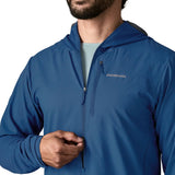 Patagonia men's airshed pro pullover in blue showing close up of double front zip and chest pocket