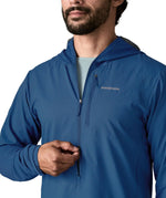 Patagonia men's airshed pro pullover in blue showing close up of double front zip and chest pocket