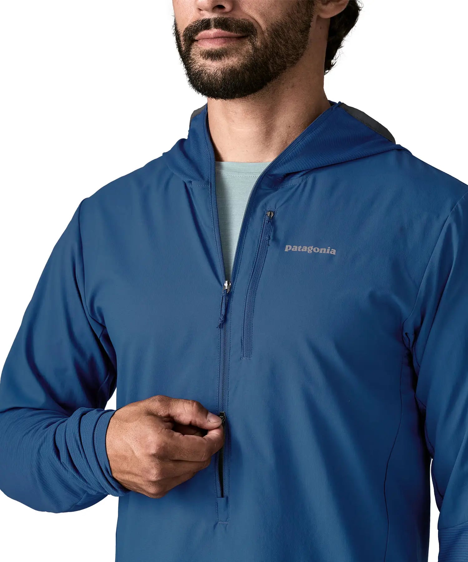Patagonia men's airshed pro pullover in blue showing close up of double front zip and chest pocket