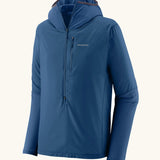 Patagonia men's airshed pro pullover in blue. Water repellent hooded top with 3/4 zip and chest pocket