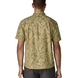 Back of man wearing Patagonia men's buttoned short sleeve shirt in light green. Shirt has relaxed fit and sits at the hips