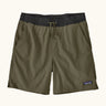 Patagonia men's quick drying 6 inch baggies shorts in dark green with black elasticated waist band, side pockets and green waist tie