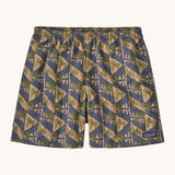 Patagonia quick drying men's baggies shorts with repeating abstract tropical design. Shows 2 side pockets