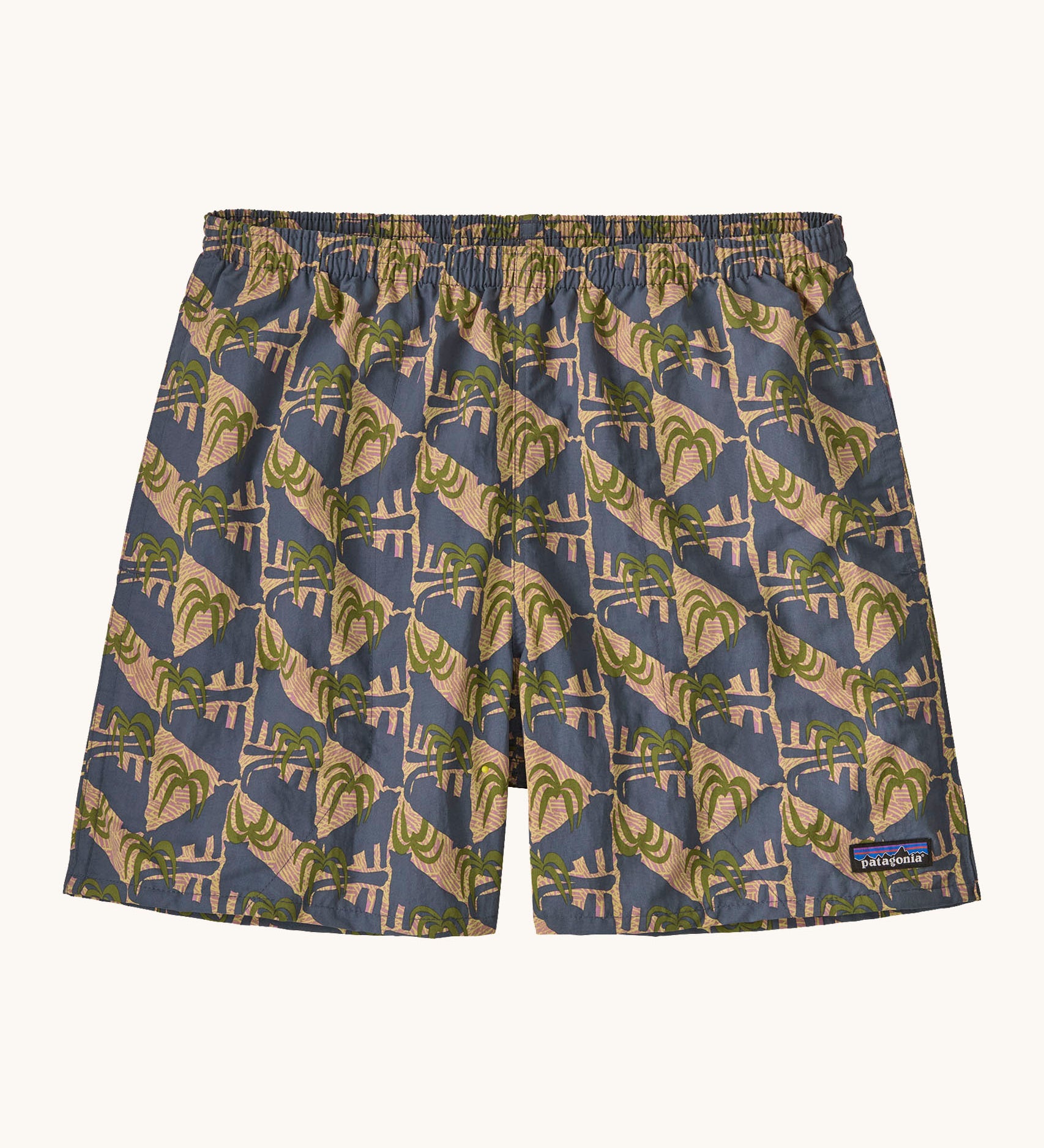 Patagonia quick drying men's baggies shorts with repeating abstract tropical design. Shows 2 side pockets