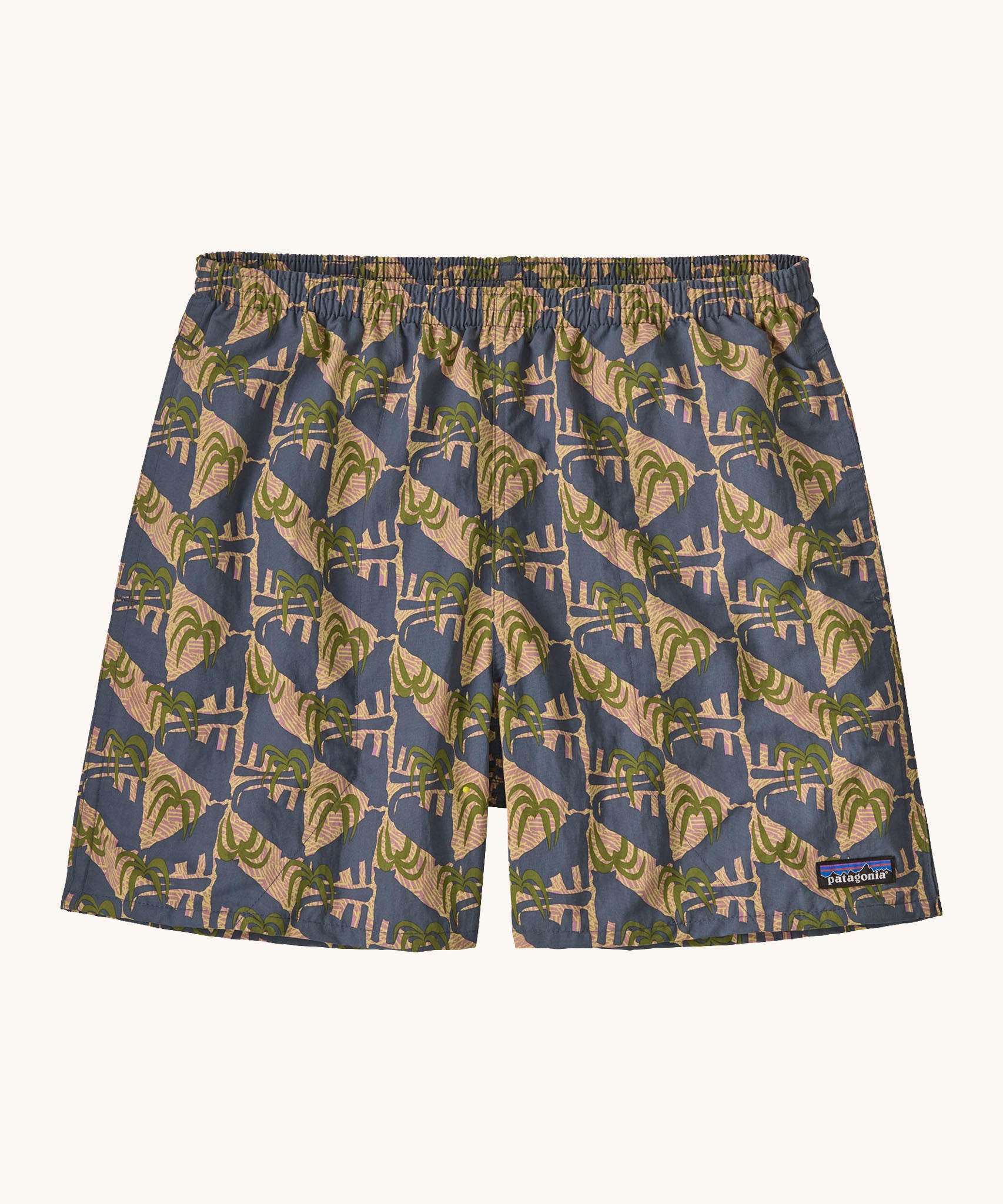Patagonia quick drying men's baggies shorts with repeating abstract tropical design. Shows 2 side pockets