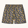 Patagonia quick drying men's baggies shorts with repeating abstract tropical design. Shows 2 side pockets