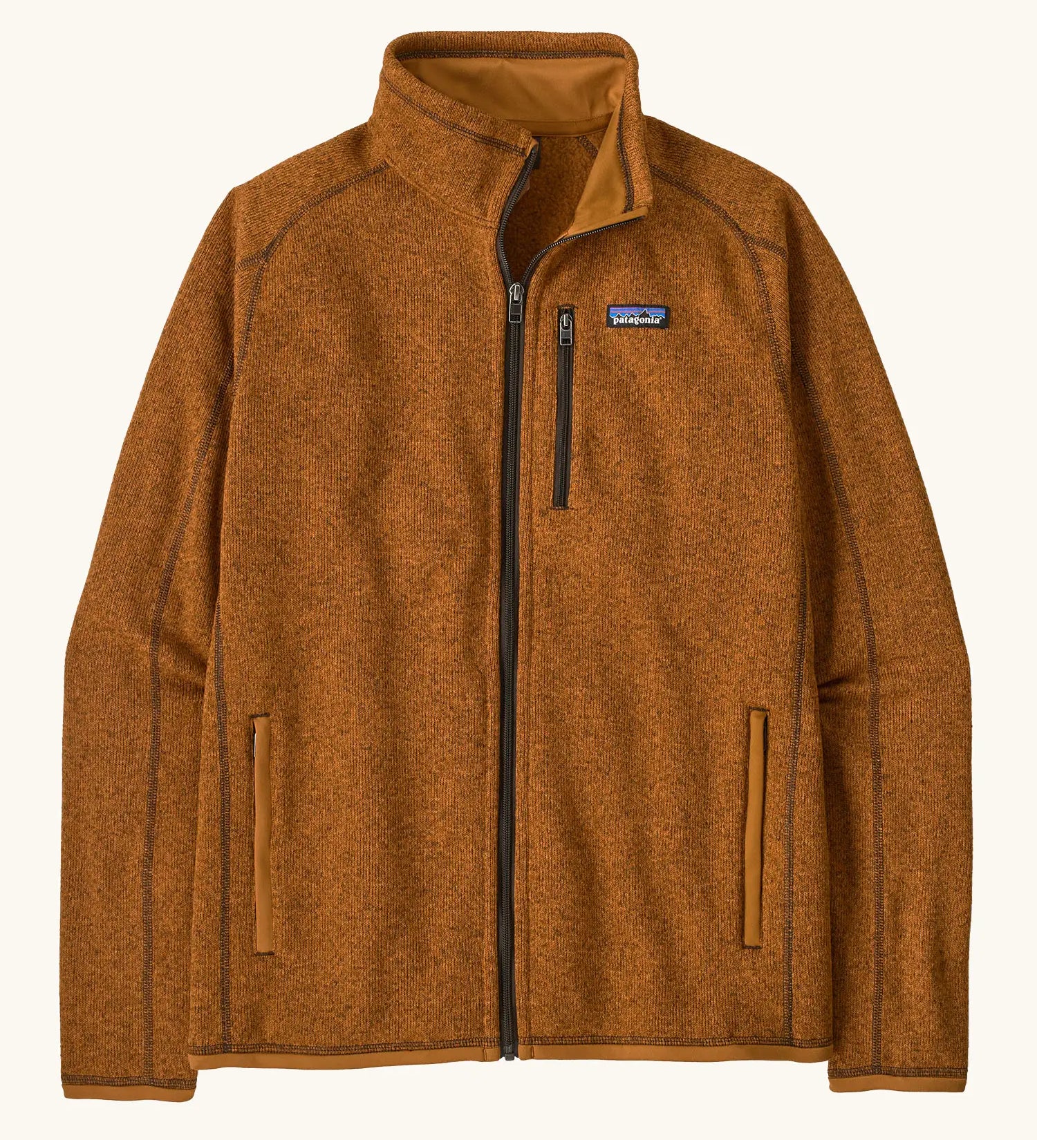 Patagonia men's lightweight better sweater jacket in cinnamon brown. Features full front zip, chest and side pockets.