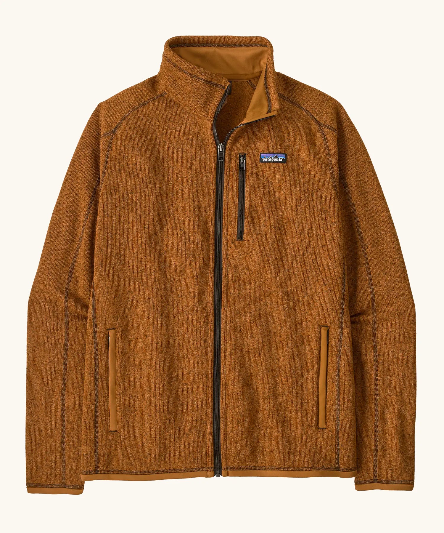 Patagonia men's lightweight better sweater jacket in cinnamon brown. Features full front zip, chest and side pockets.