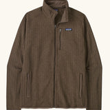 Patagonia men's better sweater jacket in Marlow brown. A soft rib knit style jacket with full front zip, chest and side pockets