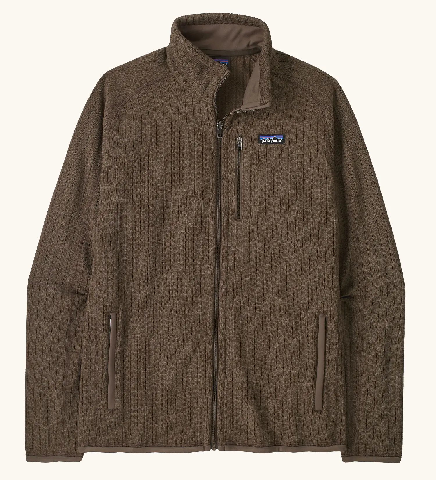 Patagonia men's better sweater jacket in Marlow brown. A soft rib knit style jacket with full front zip, chest and side pockets