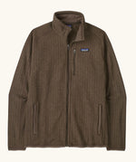 Patagonia men's better sweater jacket in Marlow brown. A soft rib knit style jacket with full front zip, chest and side pockets