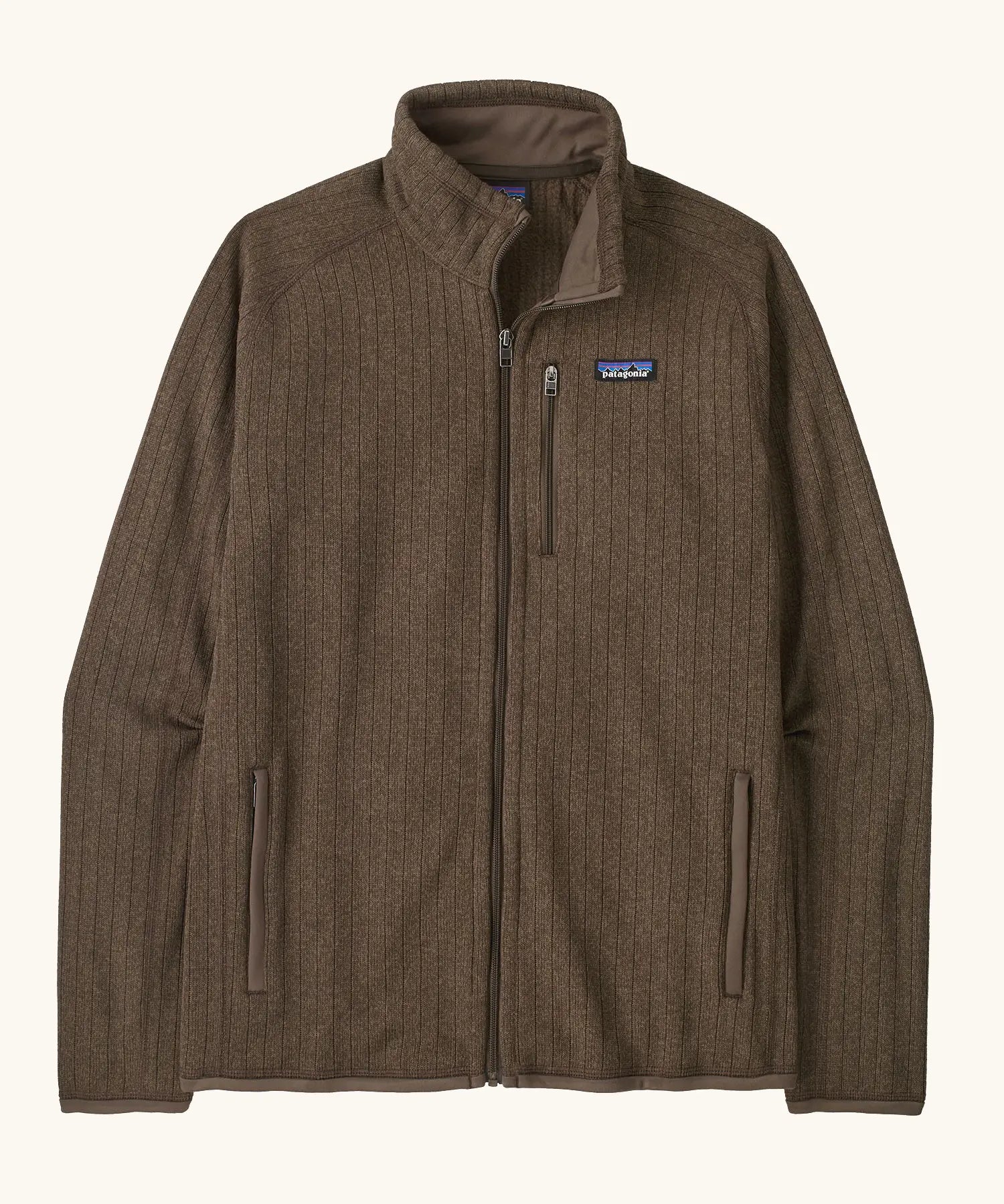 Patagonia men's better sweater jacket in Marlow brown. A soft rib knit style jacket with full front zip, chest and side pockets