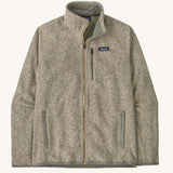 Patagonia men's better sweater jacket in light brown with speckled design. Shows a full length front zip, side pockets and zippered chest pocket