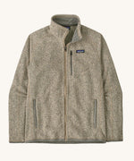 Patagonia men's better sweater jacket in light brown with speckled design. Shows a full length front zip, side pockets and zippered chest pocket