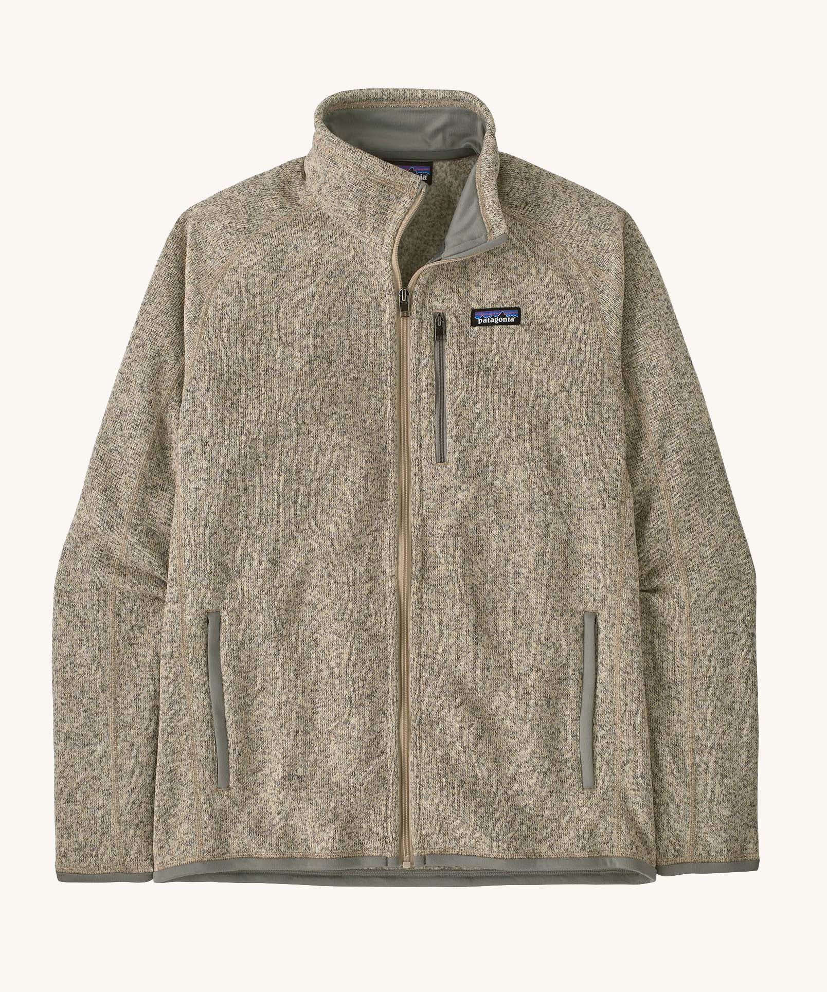 Patagonia men's better sweater jacket in light brown with speckled design. Shows a full length front zip, side pockets and zippered chest pocket
