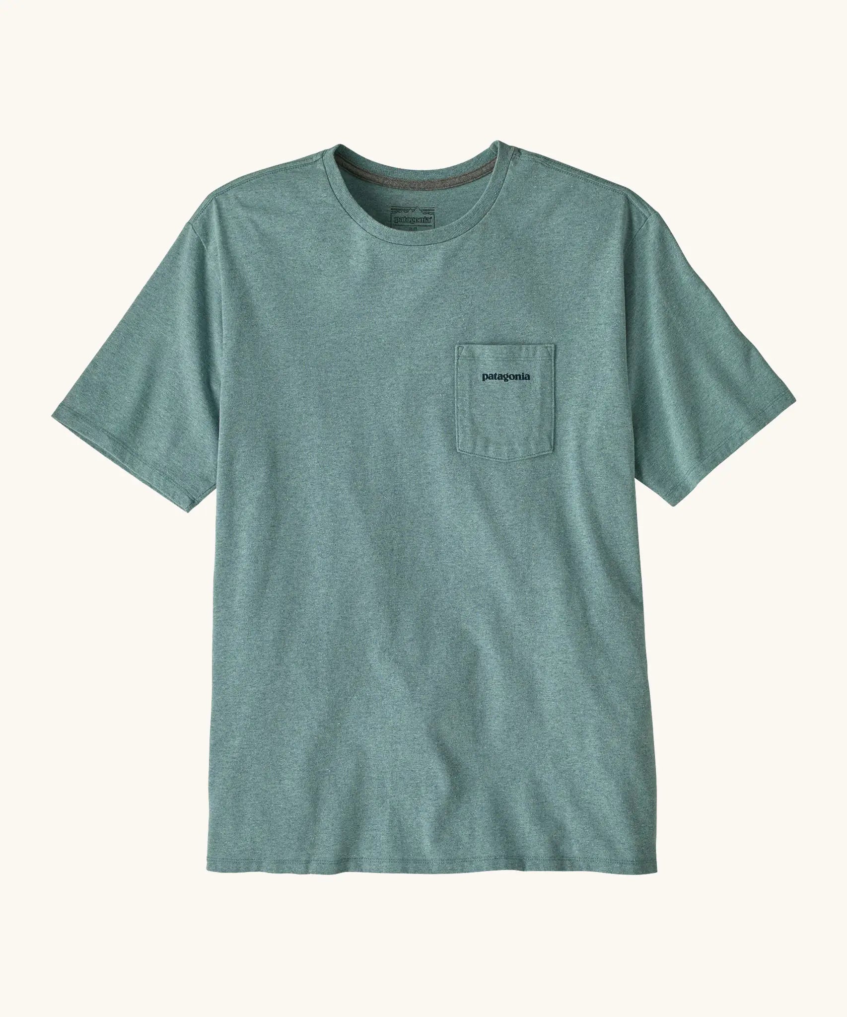 Patagonia men's boardshort responsibili tee in light blue. Shows a small pouch pocket on the chest