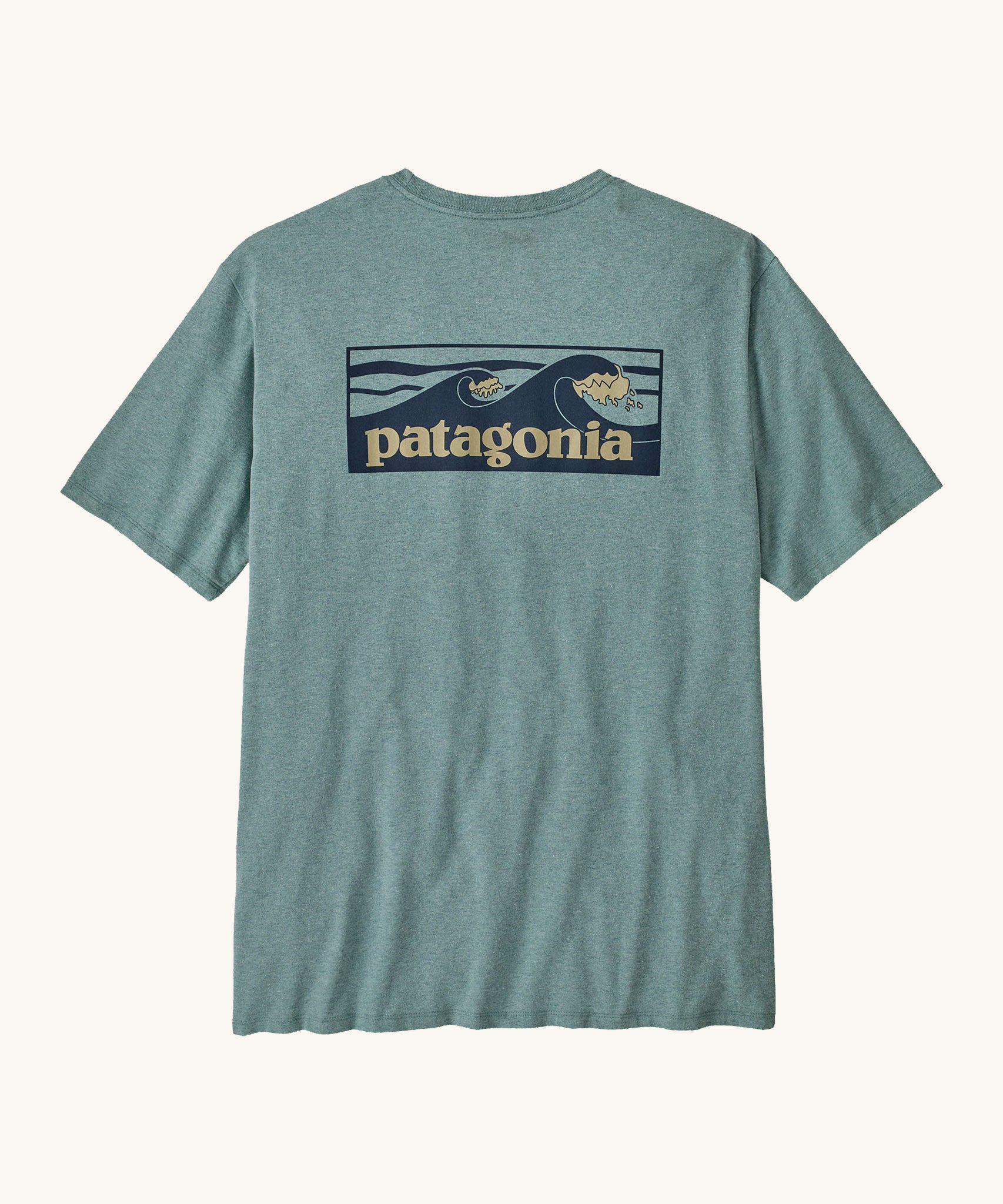 Patagonia men's boardshort responsibili tee in light blue. Shows a dark blue wave brand logo on the upper back
