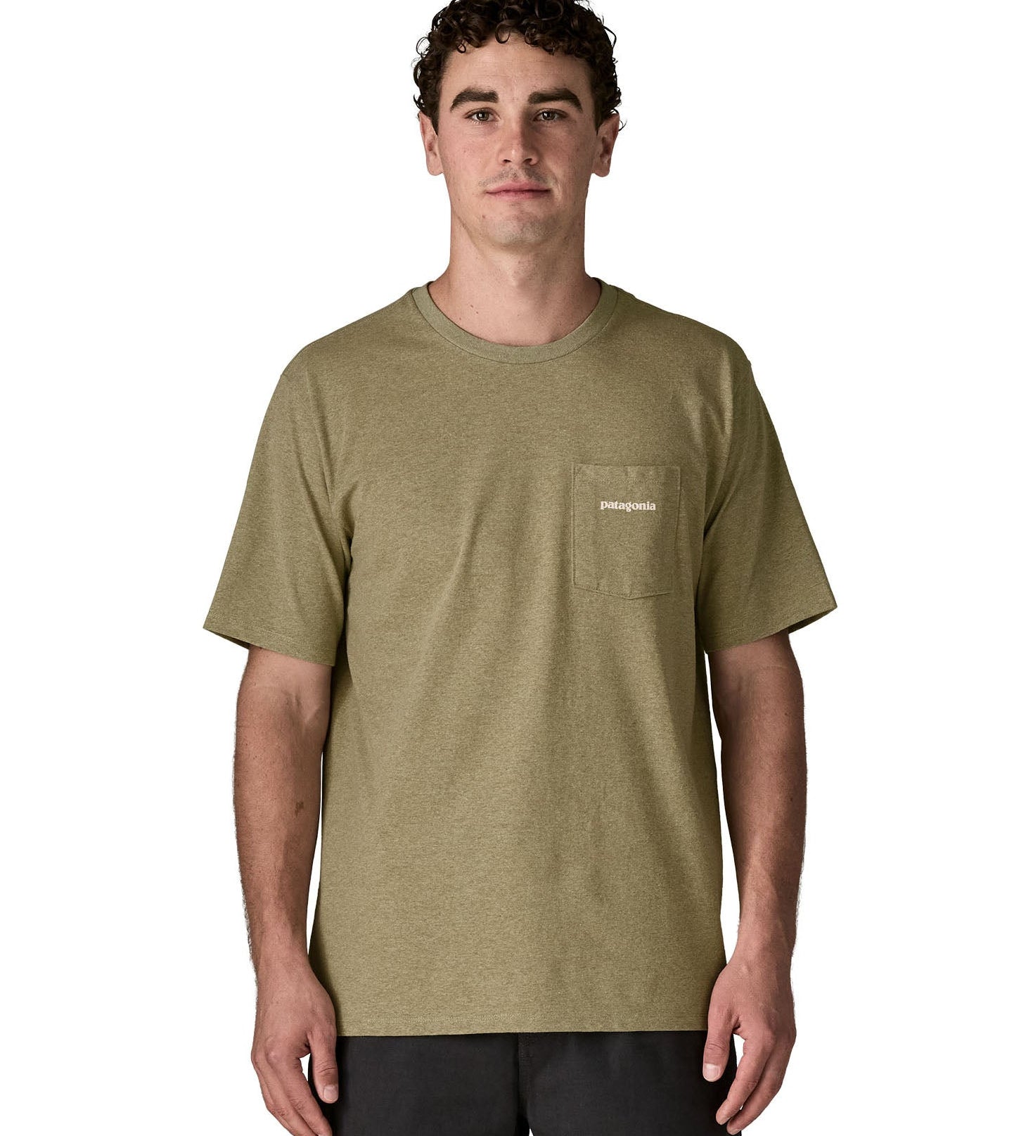 Man wearing the Patagonia's men's boardshort logo responsibili tee in light green. Shows a small pouch pocket on the chest.