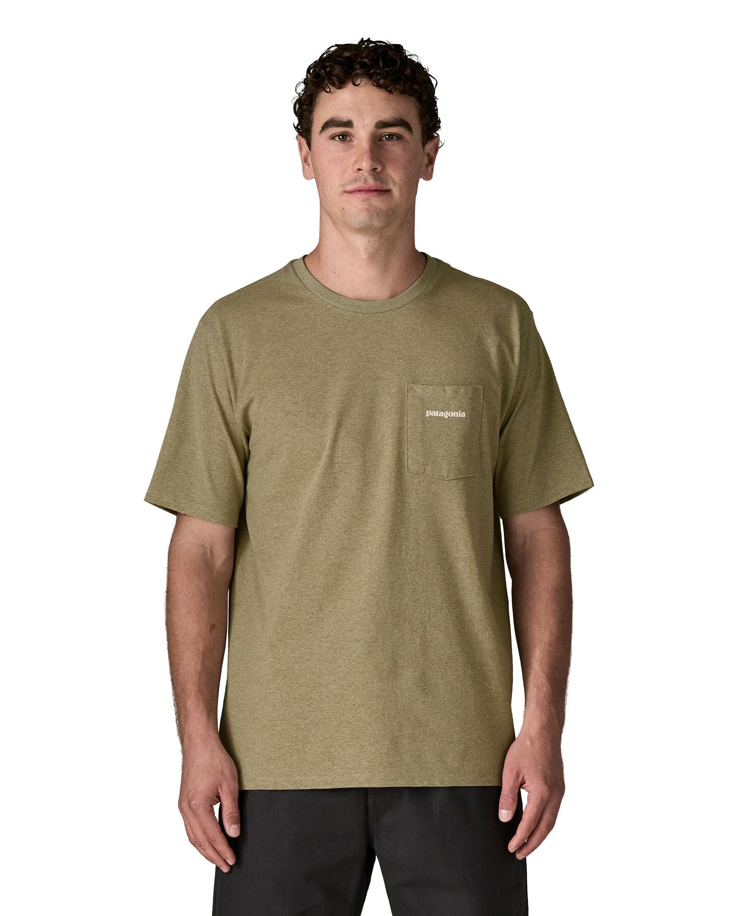 Man wearing the Patagonia's men's boardshort logo responsibili tee in light green. Shows a small pouch pocket on the chest.