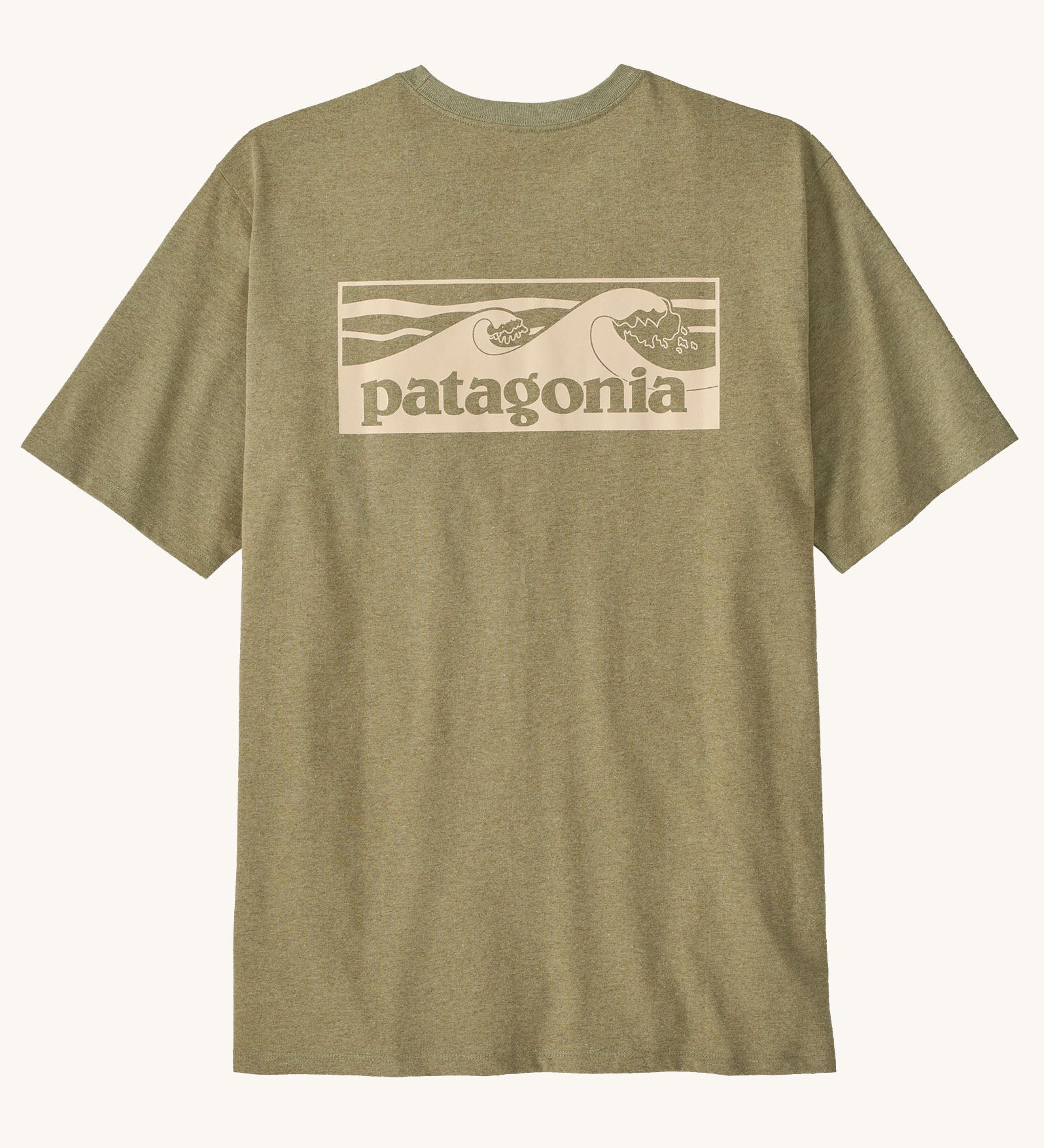 Patagonia men's boardshort responsibili tee in light green. Shows a cream wave brand logo on the upper back
