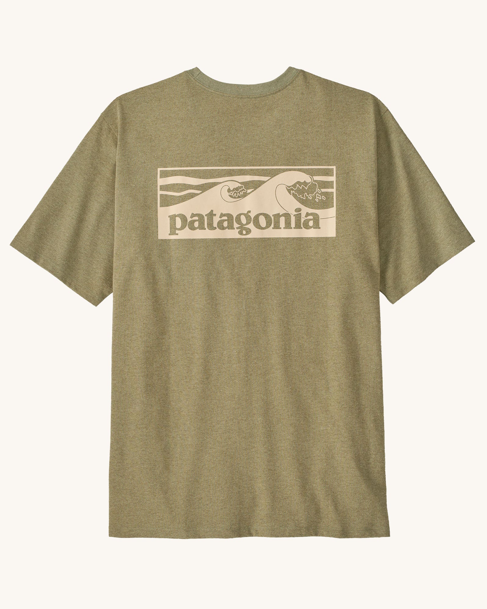 Patagonia men's boardshort responsibili tee in light green. Shows a cream wave brand logo on the upper back