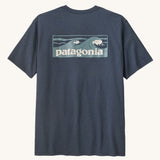 Patagonia men's boardshort responsibili tee in summit blue. Shows a blue wave brand logo on the upper back