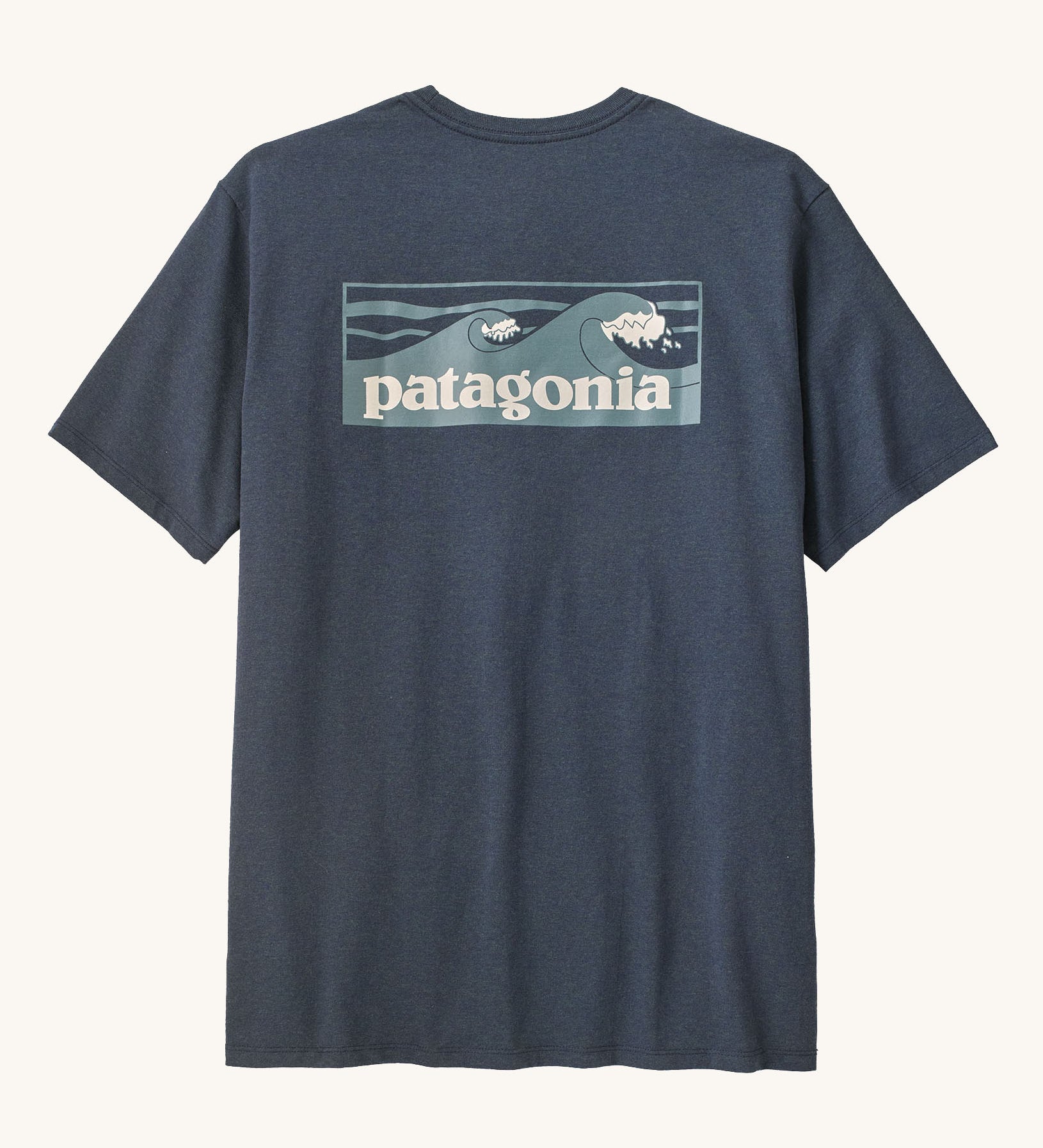 Patagonia men's boardshort responsibili tee in summit blue. Shows a blue wave brand logo on the upper back