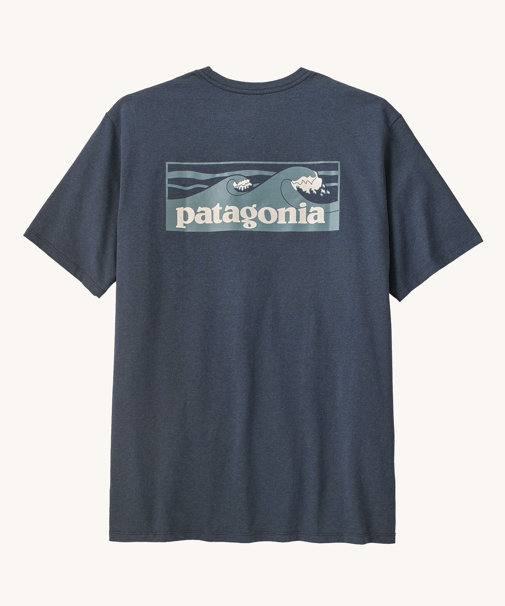 Patagonia men's boardshort responsibili tee in summit blue. Shows a blue wave brand logo on the upper back