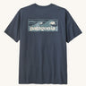 Patagonia men's boardshort responsibili tee in summit blue. Shows a blue wave brand logo on the upper back