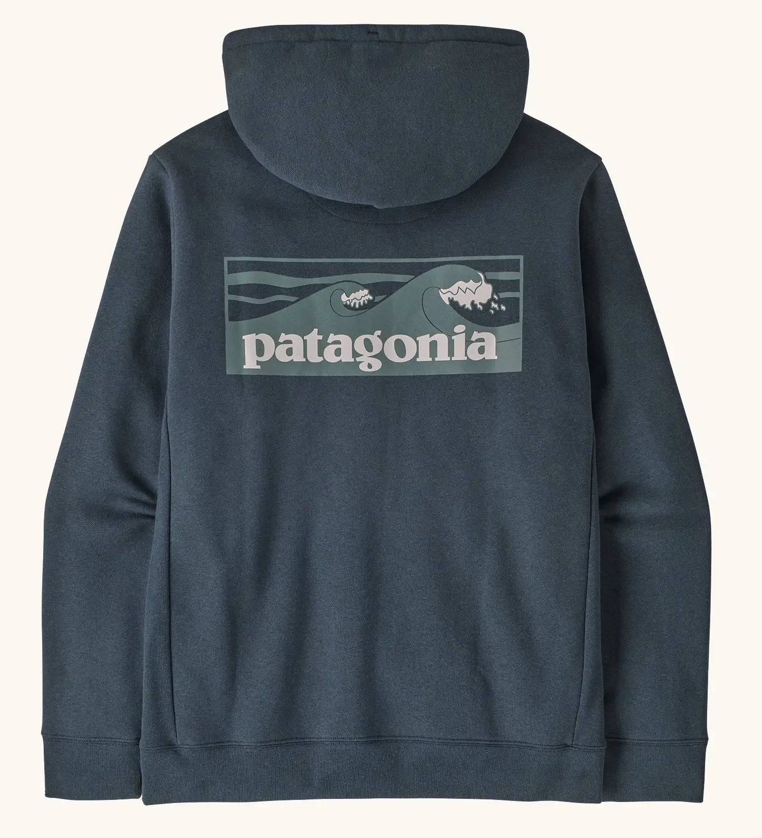 Patagonia men's boardshort logo uprisal hoody in summit blue. A thick hooded pull over with a large brand patch in a wave design on upper back