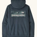 Patagonia men's boardshort logo uprisal hoody in summit blue. A thick hooded pull over with a large brand patch in a wave design on upper back
