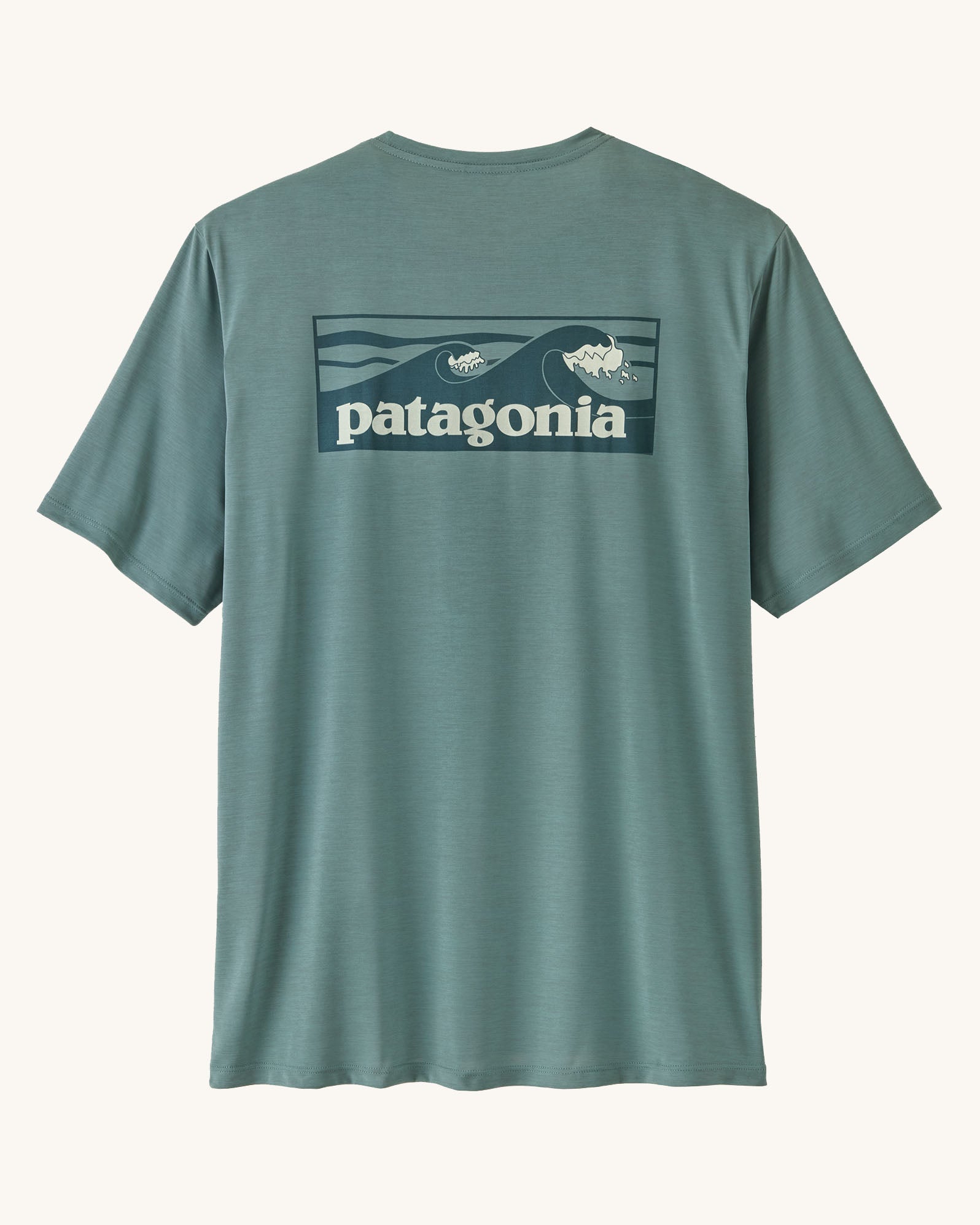 Patagonia men's capilene cool daily short sleeve t-shirt in sage blue with wave logo graphic on upper back