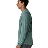 Side of man Patagonia men's capilene cool daily long sleeve t-shirt in sage blue. T-shirt has a relaxed and sits around the hips