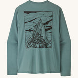 Patagonia men's capilene cool daily long sleeve t-shirt in sage blue with black mountain graphic on upper back