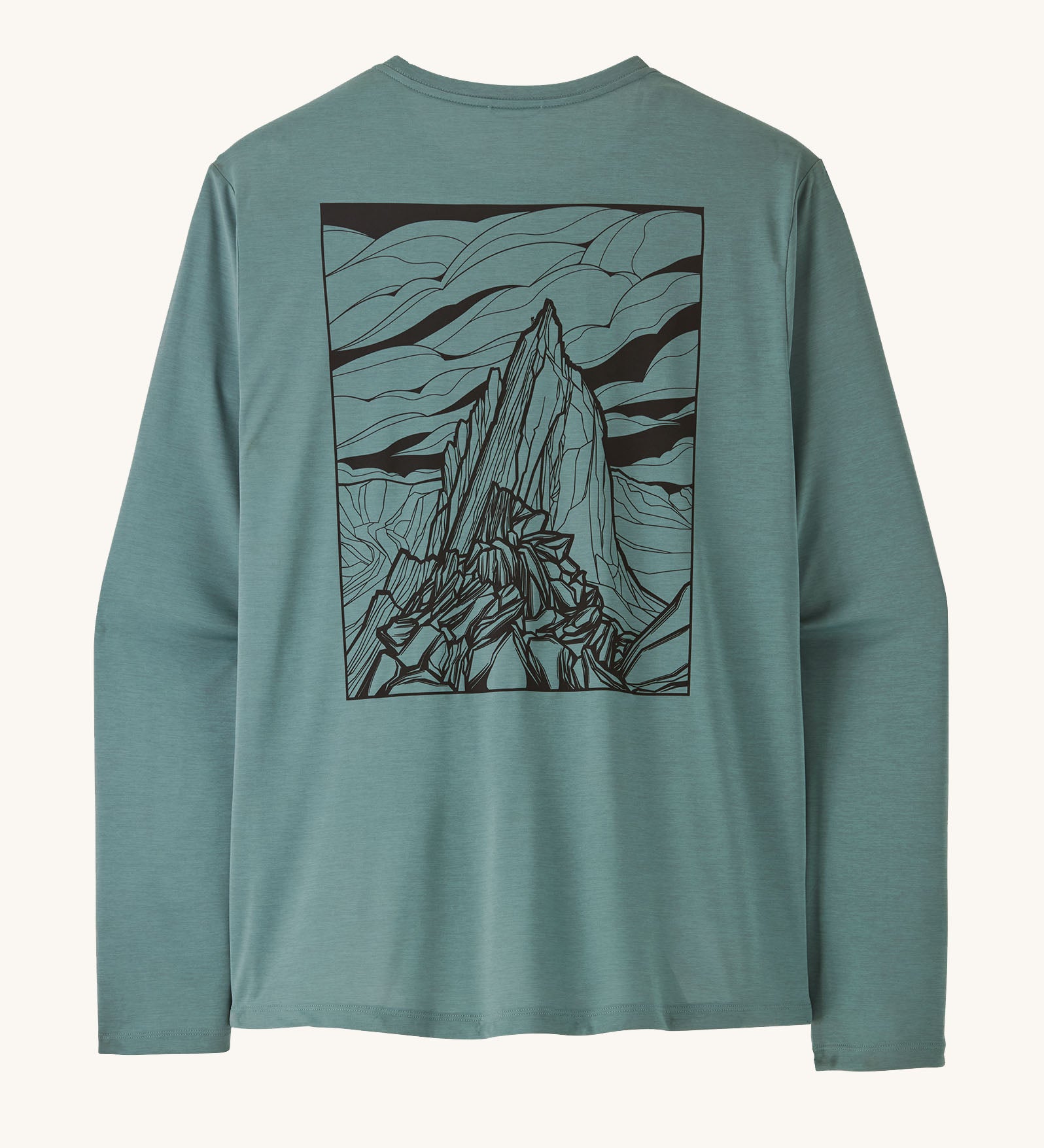 Patagonia men's capilene cool daily long sleeve t-shirt in sage blue with black mountain graphic on upper back